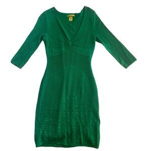 Catherine Malandrino Vert Deep V Neck Mixed Pointelle Kelly Green Knit Dress L
